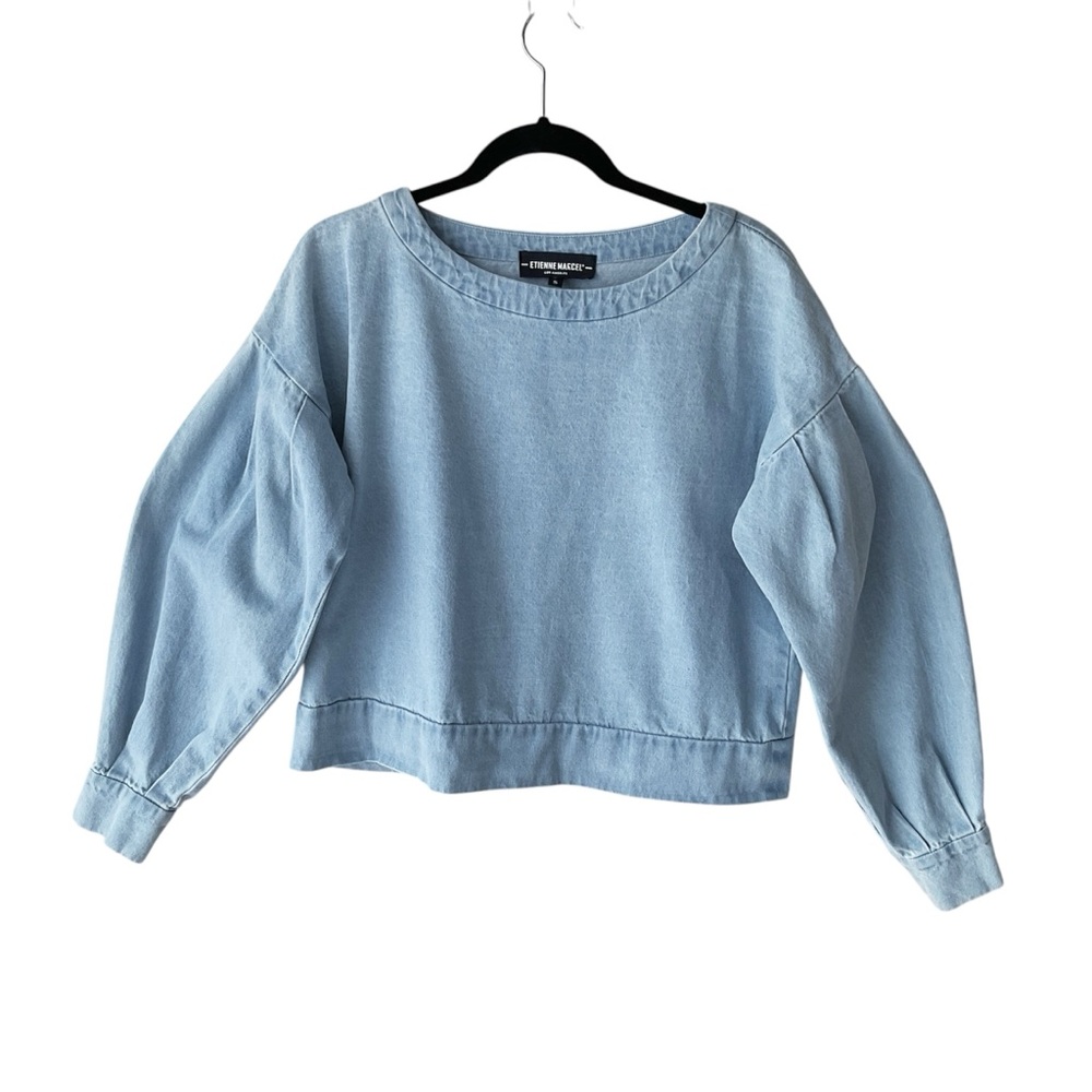 Etienne Marcel Puff Sleeve Denim Top in Light Blue Wash Size S